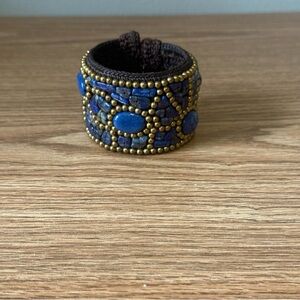 Handmade Boho Tribal Cotton Rope Lapis Stone Wire Cuff‎ Bracelet